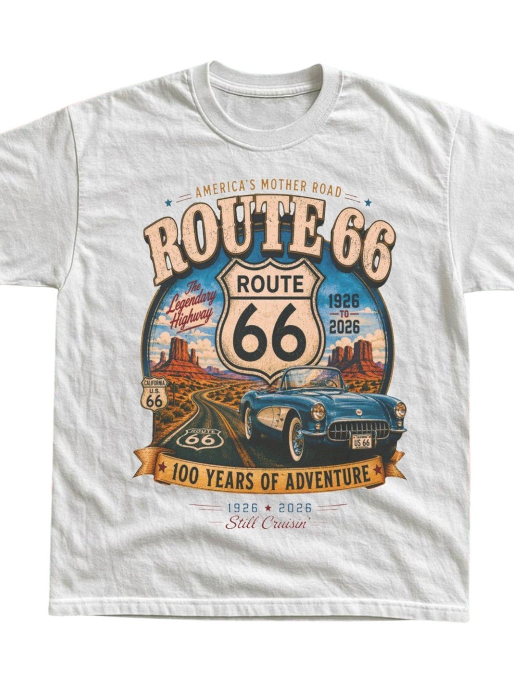 Gildan White Route 66 Graphic Tee with Blue & Tan Print, Gift For Him, For Her